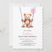 Invitation Nouvel anniversaire de la fille rose Bear (Devant)