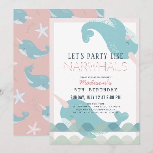 Invitation Nouvel anniversaire de la fille rose marine des va (Devant / Derrière)