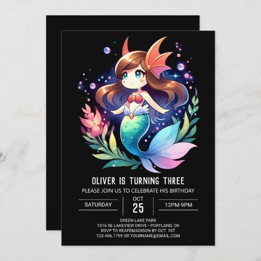 Invitation Nouvel anniversaire de la mignonne sirène océaniqu (Devant / Derrière)