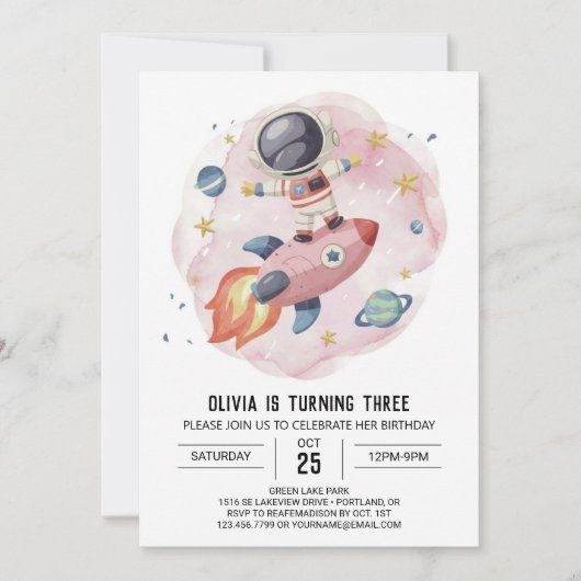 Invitation Nouvel anniversaire de l'astronaute du voyage en a (Devant)
