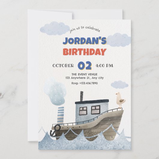 Invitation Nouvel anniversaire de navire mignon (Devant)
