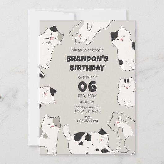 Invitation Nouvel anniversaire pour les chats mignons (Devant)