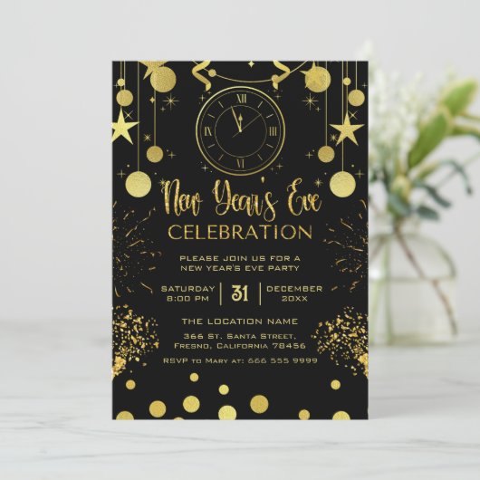 Invitation Nouvel an's Eve Party Black & Gold Parties scintil (Debout devant)
