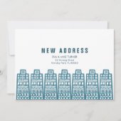 Invitation Nouvelle adresse bleue avec bâtiments de caricatur (Devant)