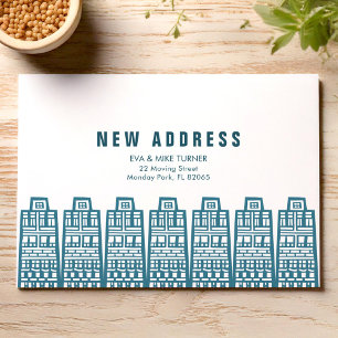 Invitation Nouvelle adresse bleue avec des bâtiments de dessi