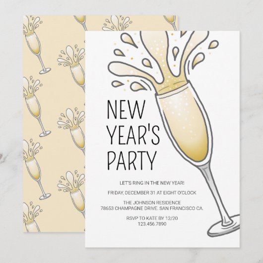 Invitation Nouvelle Année Fête Champagne (Devant / Derrière)