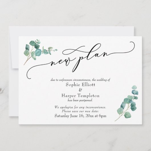 Invitation Nouvelle annonce de report de mariage Eucalyptus (Devant)
