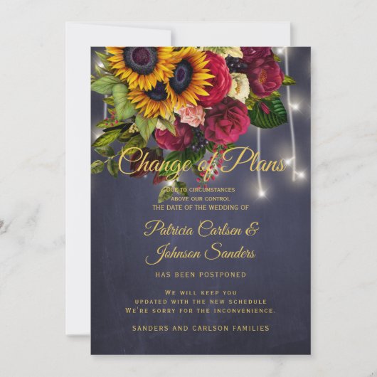 Invitation Nouvelle date de mariage annonce tournesol et rose (Devant)