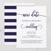 Invitation Nouvelle date de mariage reportée Navy Blue Script (Devant / Derrière)