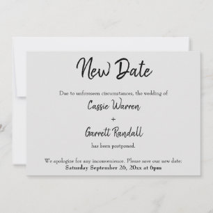 Invitation "Nouvelle date" Reporté Mariage noir sur gris cart
