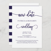 Invitation Nouvelle Date Reportée Mariage Marine Bleu Script (Devant / Derrière)