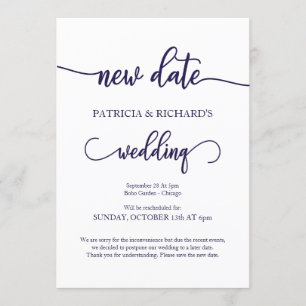 Invitation Nouvelle Date Reportée Mariage Marine Bleu Script