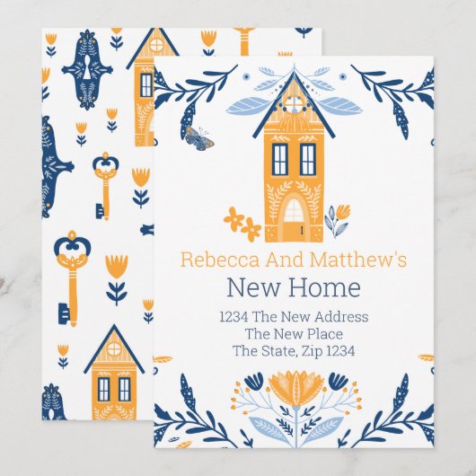 Invitation Nouvelle maison Hygge Blue Yellow House et Fleurs (Devant / Derrière)