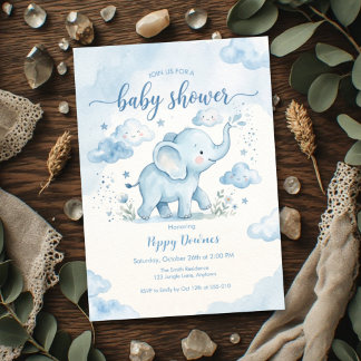 Invitation Nuage Bleu Éléphant Sprinkle Baby Shower 