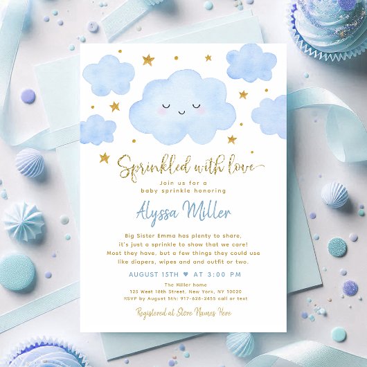 Invitation Nuage Blue Boy Parsemé d'Amour Bébé Poudré