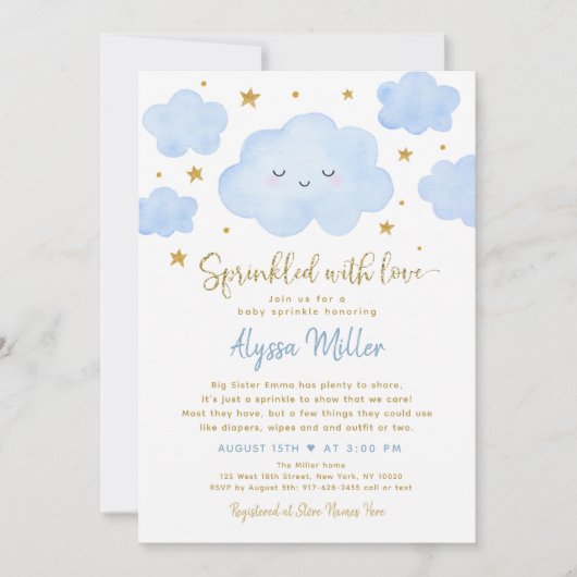 Invitation Nuage Blue Boy Parsemé d'Amour Bébé Sprinkle (Devant)
