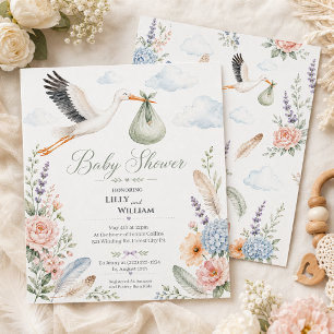 Invitation Nuage de Cigogne Fête de Bébé Vintage