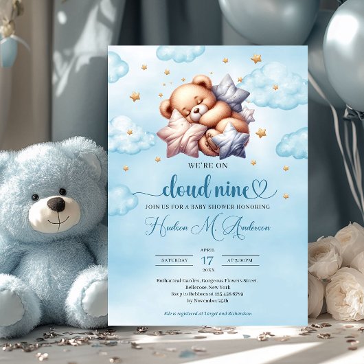 Invitation Nuage d'ours en peluche dormant 9 Baby shower garç