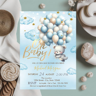 Invitation Nuage en forme d'ours en peluche bleu Étoiles Ball