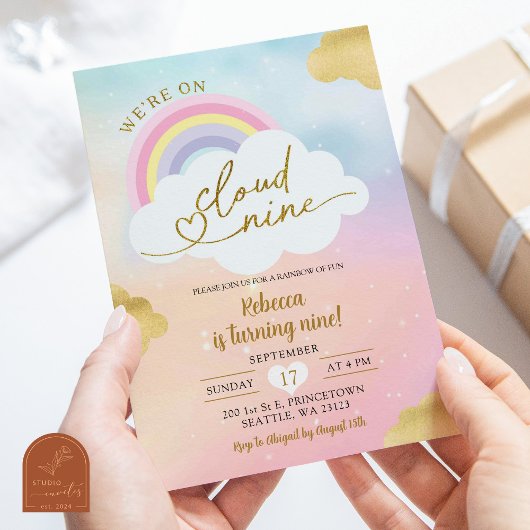 Invitation Nuage et arc-en-ciel Enfant Coloré 9e Anniversaire