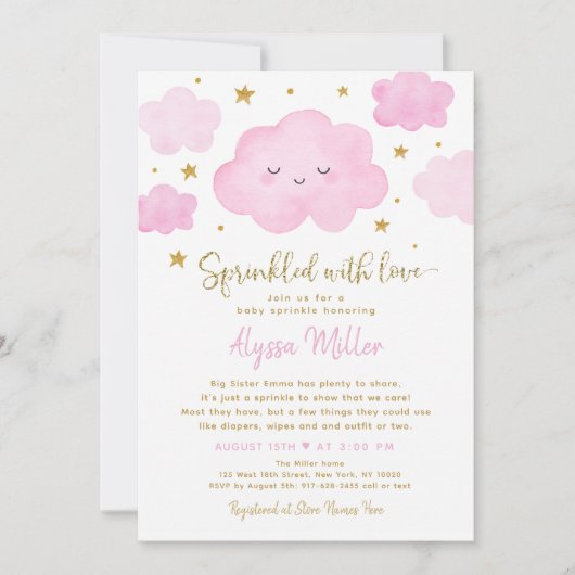 Invitation Nuage Fille Rose Saupoudré d'Amour Bébé Saupoudré (Devant)