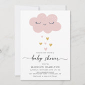 Invitation Nuage mignon et Coeurs Baby shower rose et or (Devant)