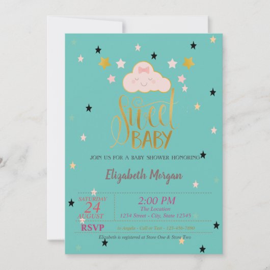 Invitation Nuage mignon, Étoiles, Baby shower bébé vert à la (Devant)