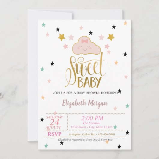 Invitation Nuage Mignon, Étoiles, Douce Bébé Fête de Naissanc (Devant)
