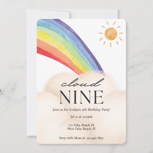 Invitation Nuage Neuf Aquarelle Arc-en-ciel et Nuage Neuf Ann (Devant)