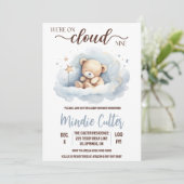 Invitation Nuage Neuf, Bleu Sleeping Teddy Bear Baby shower (Debout devant)
