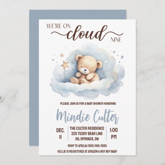 Invitation Nuage Neuf, Bleu Sleeping Teddy Bear Baby shower (Devant / Derrière)