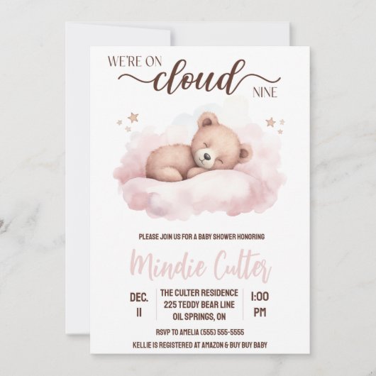 Invitation Nuage Neuf, Couchage rose Baby shower Ours Teddy (Devant)