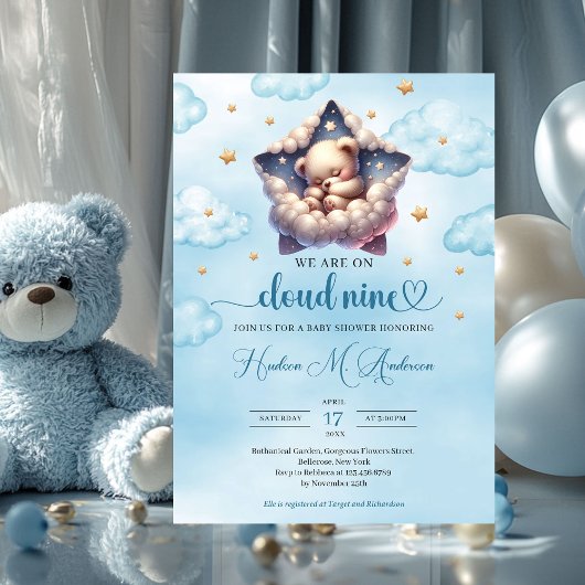 Invitation Nuage neuf ours en peluche Baby shower garçon