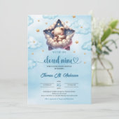 Invitation Nuage neuf ours en peluche Baby shower garçon (Debout devant)