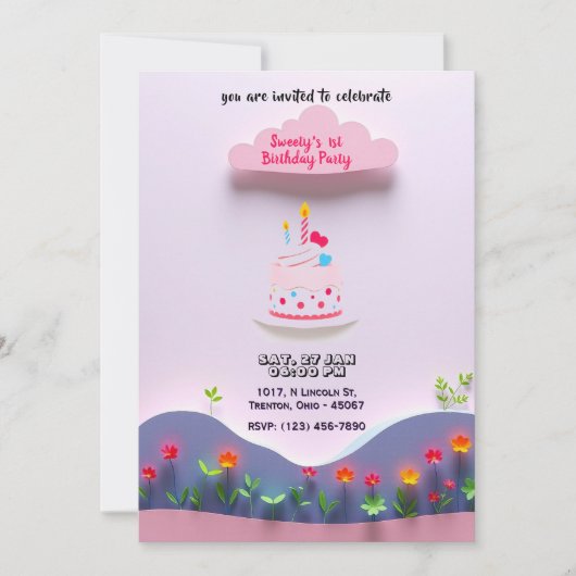Invitation Nuage rose avec gâteau d'anniversaire et Plantes (Devant)