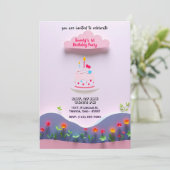 Invitation Nuage rose avec gâteau d'anniversaire et Plantes (Debout devant)