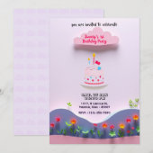 Invitation Nuage rose avec gâteau d'anniversaire et Plantes (Devant / Derrière)