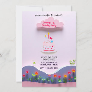 Invitation Nuage rose avec gâteau d'anniversaire et Plantes