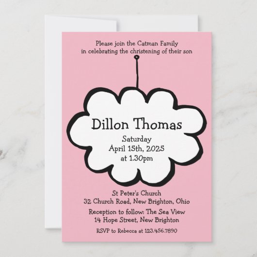 Invitation Nuage rose sur un baptême baptisant à cordes (Devant)