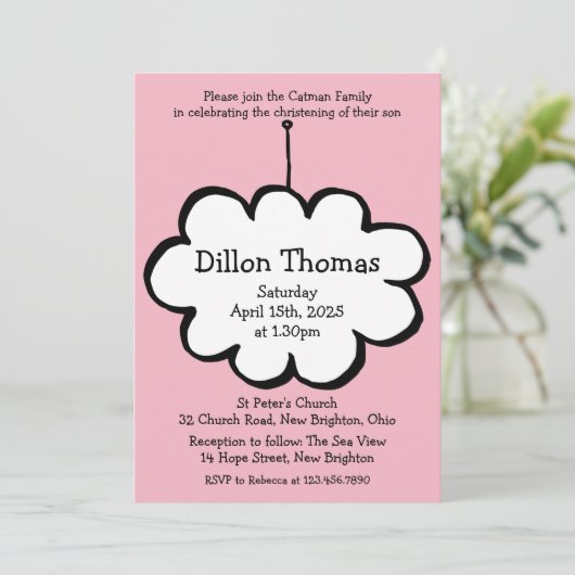 Invitation Nuage rose sur un baptême baptisant à cordes (Debout devant)