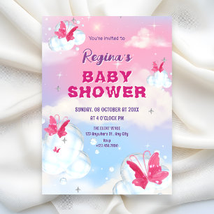Invitation Nuage rose violet papillon scintillant pour une ba