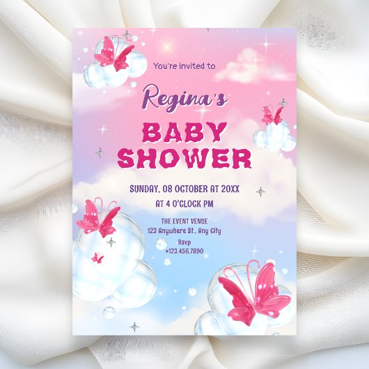 Invitation Nuage rose violet papillon scintillant pour une ba