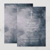 Invitation Nuages Bleus Sombres Croix Céleste Baptême (Devant / Derrière)