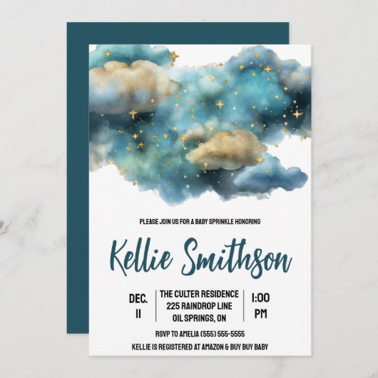 Invitation Nuages célestes et étoiles Bébé Parsemer (Devant / Derrière)