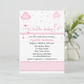 Invitation Nuages et baby shower roses doux de coeurs (Debout devant)