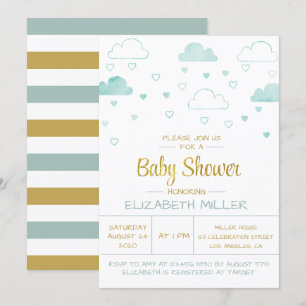 Invitation Nuages et Coeurs Baby shower bleu et or