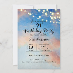 Invitation Nuages roses dans le ciel 21e anniversaire Bleu