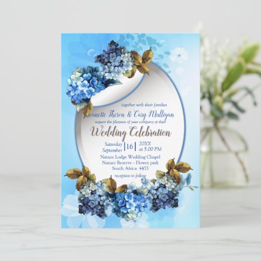 Invitation Nuances de bleu aquarelle Hydrangeas Mariage (Debout devant)