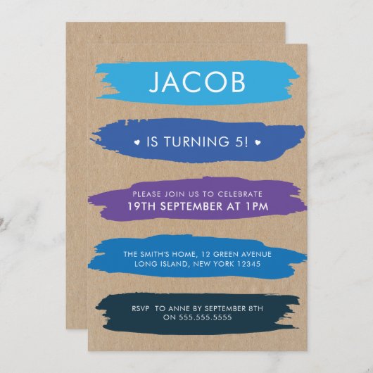 Invitation Nuances De Bleu Brush Strokes Boys 5e Anniversaire (Devant / Derrière)