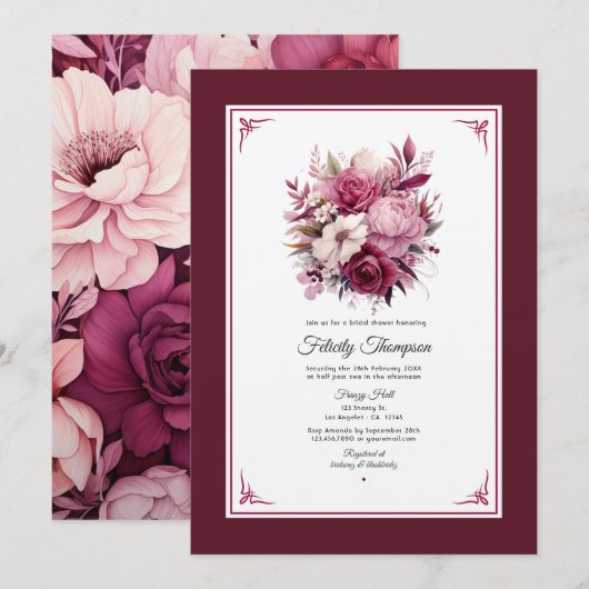 Invitation Nuances de vin Fête des mariées florale (Devant / Derrière)